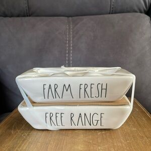 Rae Dunn 2-Piece 12-Slot Ceramic Egg Holder Set “FARM FRESH” And “FREE RANGE”